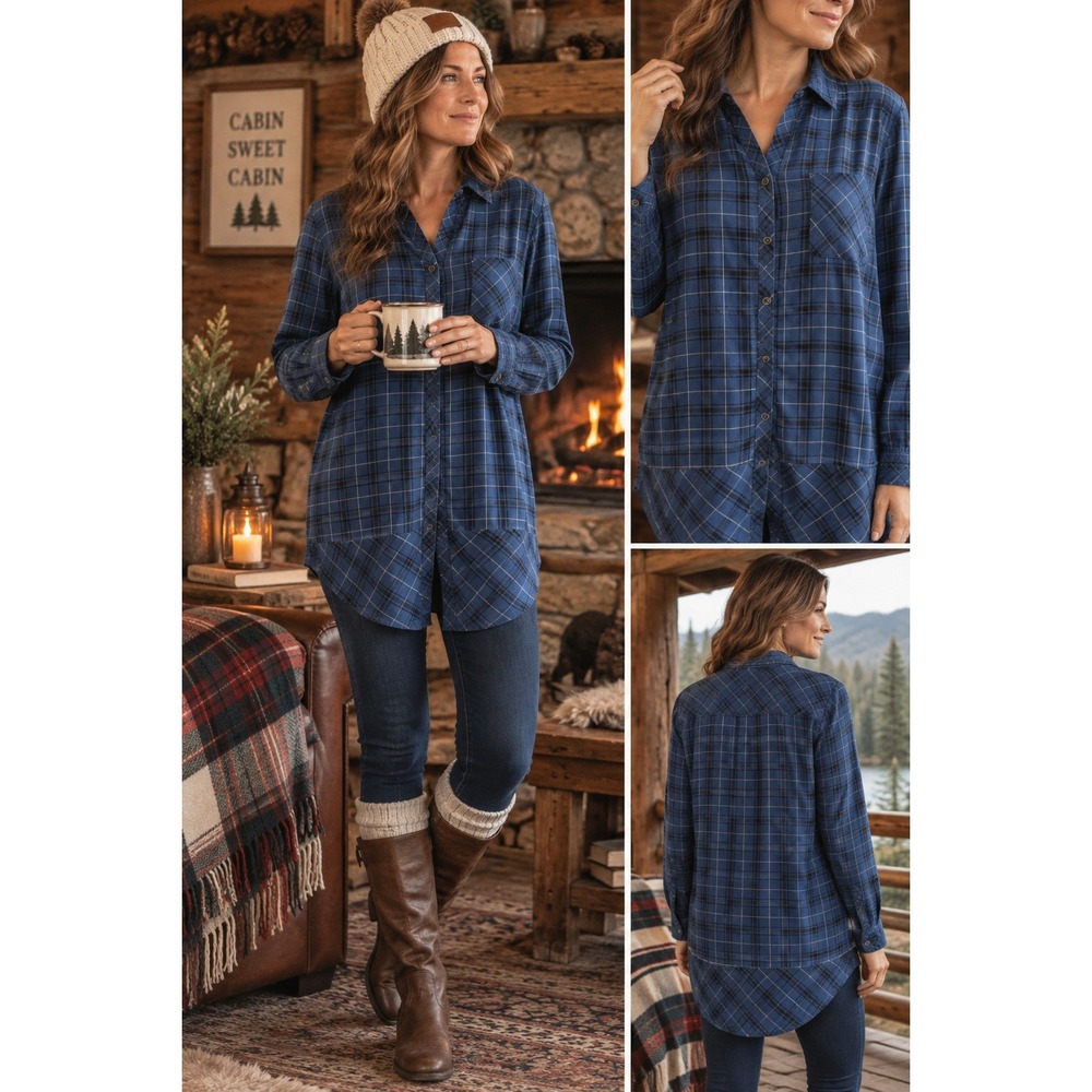 J. Jill Women's Plaid Button Front Long Sleeve Tunic Top Blue M Cozy  Cabincore